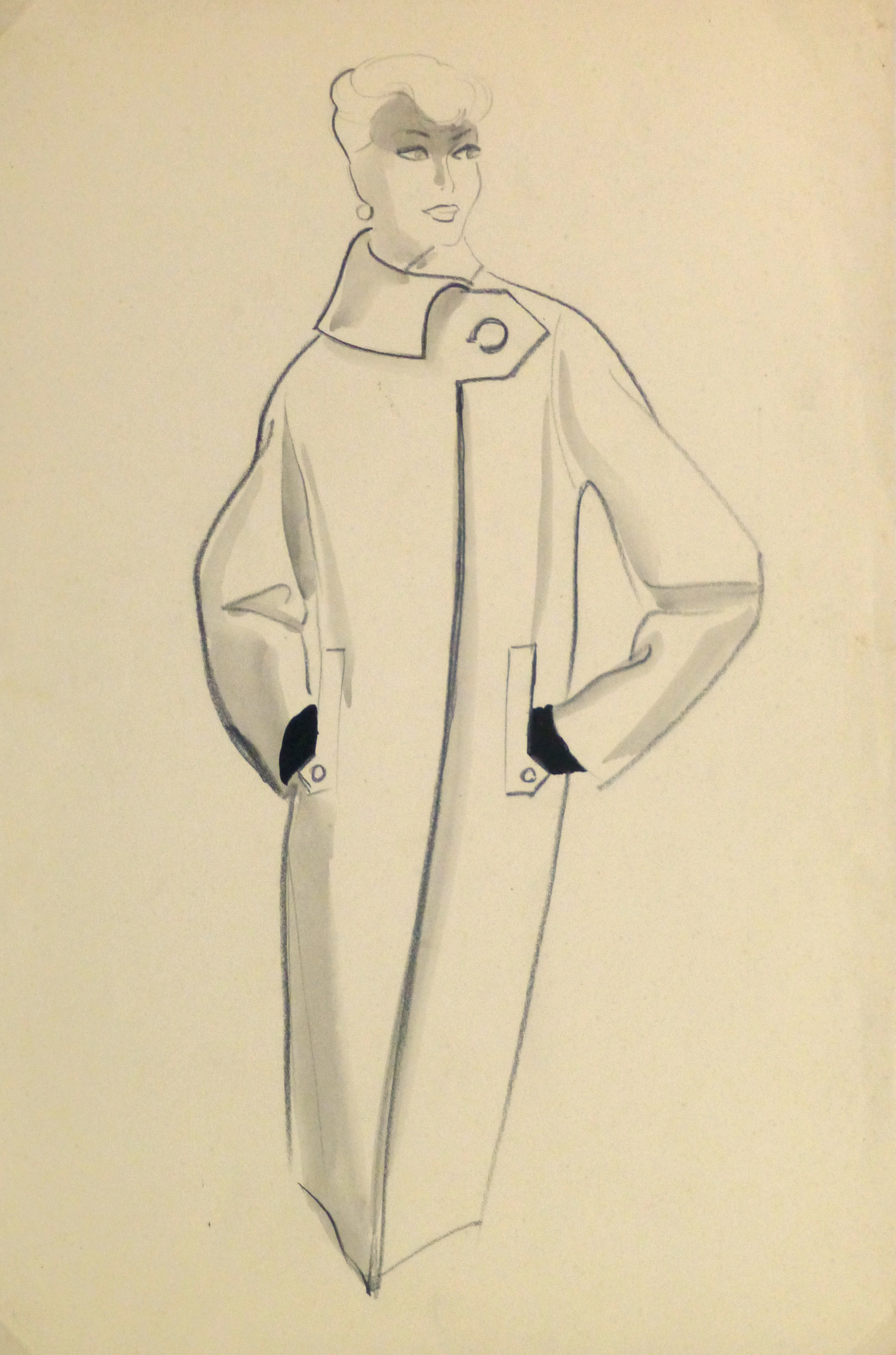 2506x3789 Pencil Fashion Sketch Button Coat, 1957 - Button Sketch