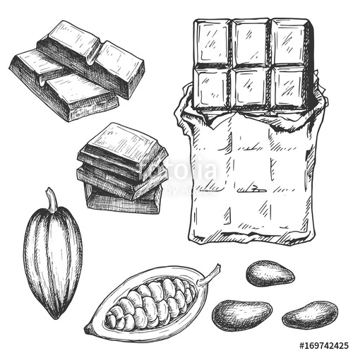 500x500 Hand Drawn Chocolate Bar And Cacao Beans, Black And White Draft - Cacao Sketch