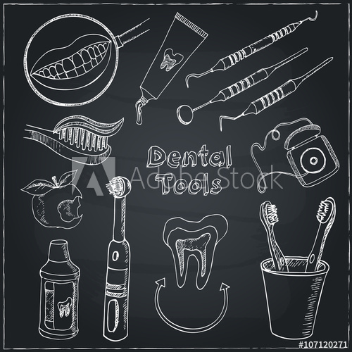 500x500 Doodle Style Dentist Equipment Sketch. Set Includes Picks, Mirrors - Caduceus Sketch