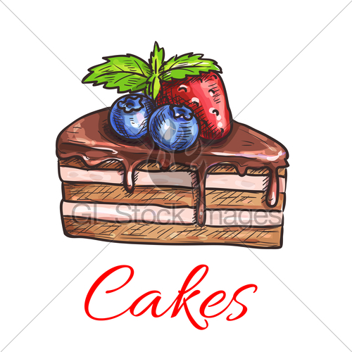 500x500 Chocolate Cake With Fruits Isolated Sketch Gl Stock Images - Cake Sketch