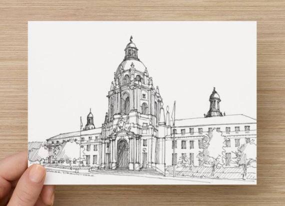 570x412 Ink Sketch Of Pasadena City Hall Near Los Angeles California Etsy - California Sketch