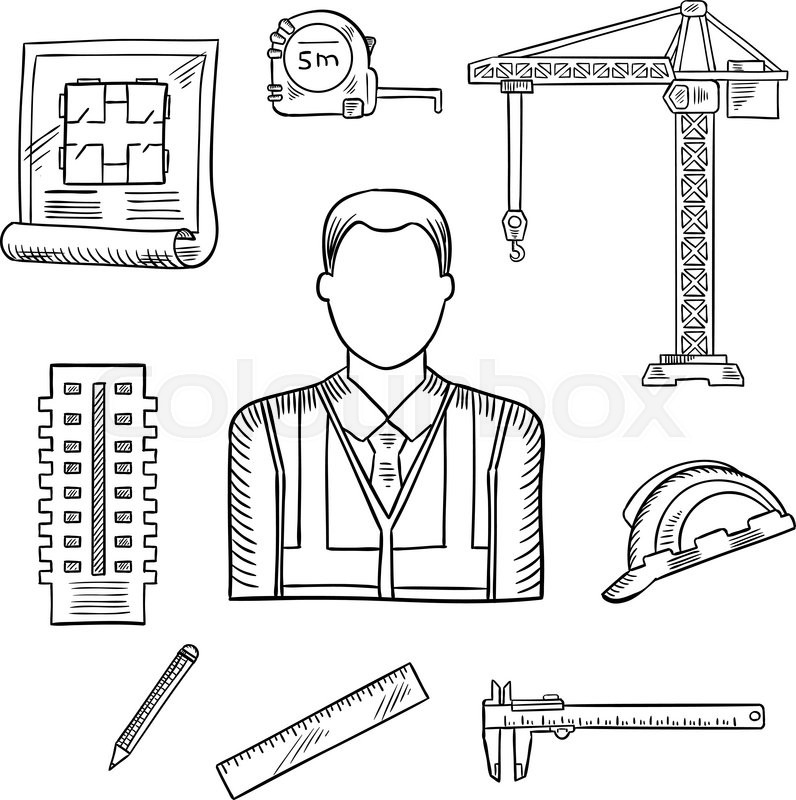 796x800 Builder Or Engineer Pprofession Sketch Icons With Male Builder - Caliper Sketch
