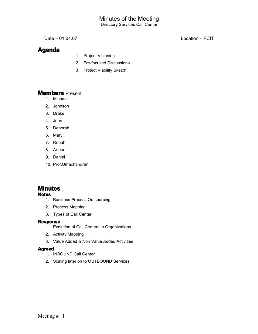 850x1100 Pdf) Minutes Of The Meeting (Document) Directory Services Call Center - Call Center Sketch