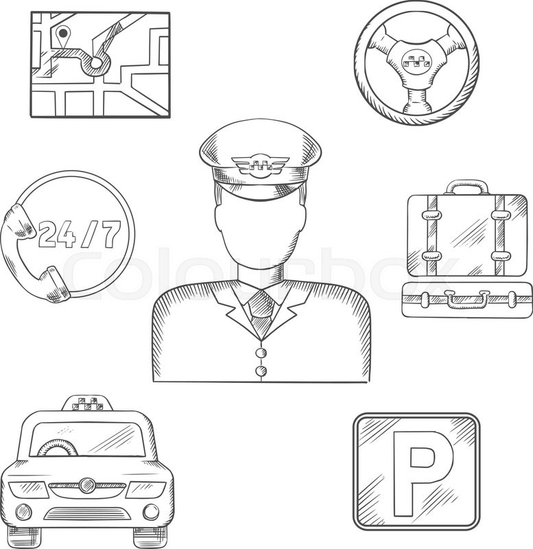 777x800 Taxi Driver In Uniform Surrounded By Taxi Service Sketched Icons - Call Center Sketch
