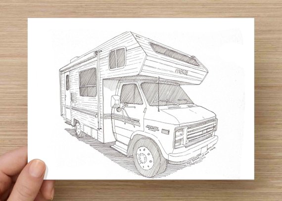 570x407 Ink Drawing Of A Camper Rv Sketch Art Pen And Ink 5x7 Etsy - Camper Sketch