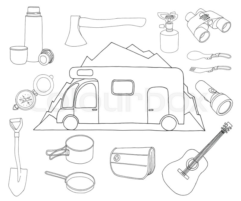 800x668 Tourism And Camping Set. Camper On A Background Of Mountains - Camper Sketch