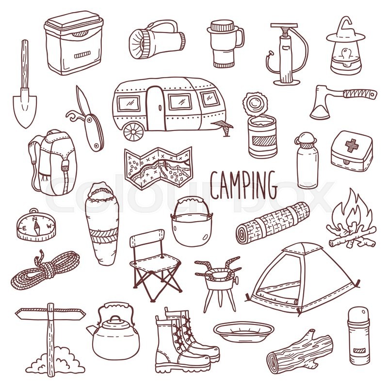 800x800 Camping Vector Icon And Symbols Set. Doodle Contour Style Camp - Camping Sketch