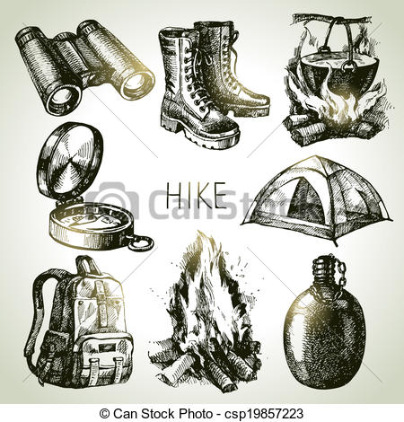 450x470 Hike And Camping Tourism Hand Drawn Set. Sketch Design Elements. - Camping Sketch