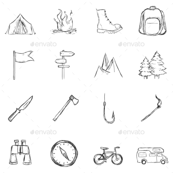 590x590 Set Of Sketch Hiking And Camping Icons By Nikiteev Graphicriver - Camping Sketch