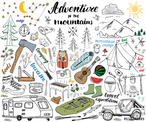 500x417 Camping, Hiking Hand Drawn Sketch Set Vector Illustration. Stock - Camping Sketch
