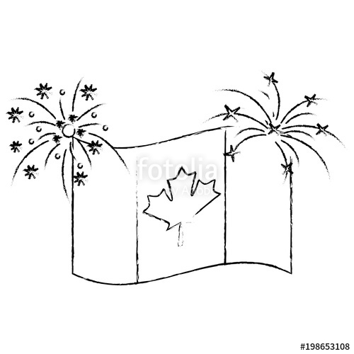 500x500 Canadian Flag Maple Leaf Waving With Firewokrs Vector Illustration - Canada Flag Sketch