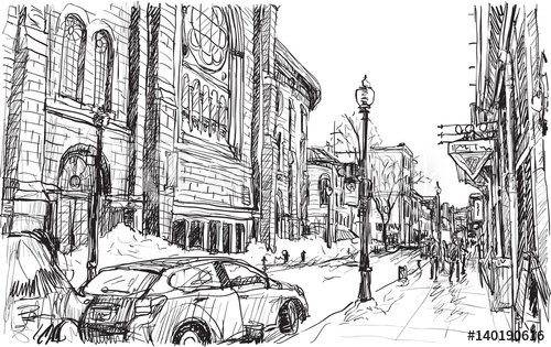 500x315 City Scape Sketch Of Town Street In Quebec Canada With Snow And - Canada Sketch