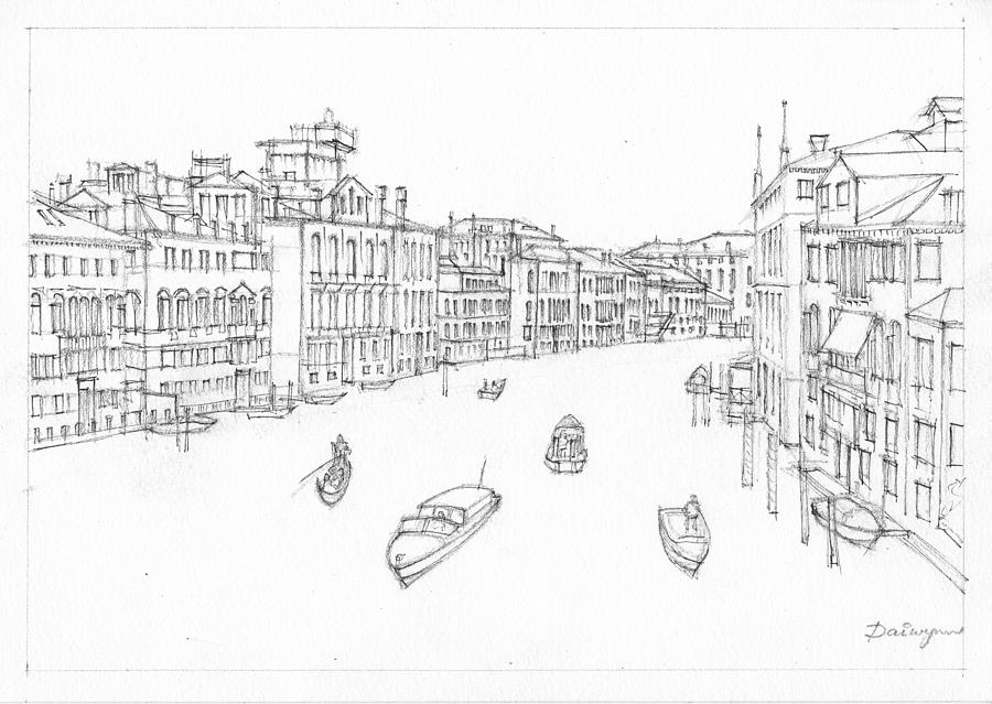 900x639 Grand Canal Venezia Ink Sketch Drawing By Dai Wynn - Canal Sketch