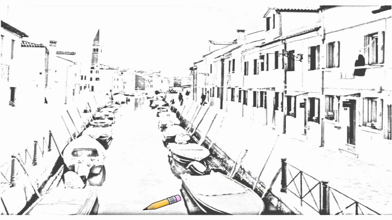 1280x720 Auto Draw 2 Canal, Burano, Venice, Italy - Canal Sketch