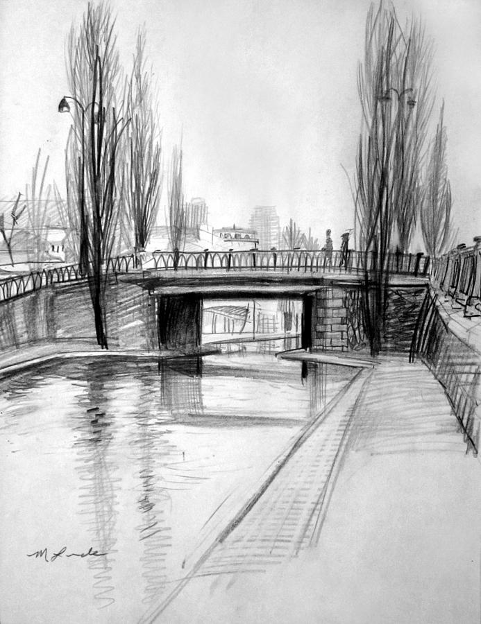 693x900 Canal Bridge In Paris Drawing By Mark Lunde - Canal Sketch