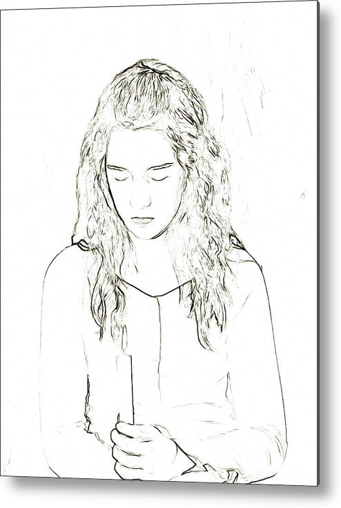 494x735 Young Girl With Candle Sketch Metal Print By Randy Steele - Candle Sketch