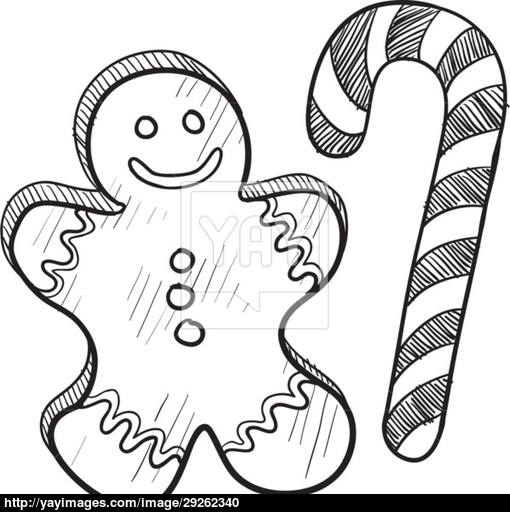 510x512 Christmas Gingerbread Man And Candy Cane Sketch Vector - Candy Cane Sketch