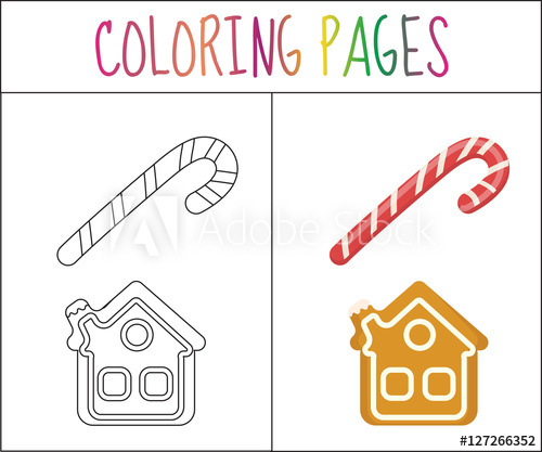 500x417 Coloring Book Page. Christmas Candy Cane And Gingerbread House - Candy Cane Sketch