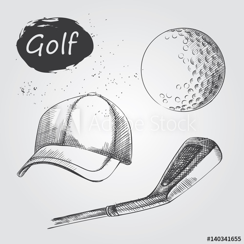 500x500 Set Of Hand Drawn Golf Items With Club, Ball And Cap Sketches - Cap Sketch