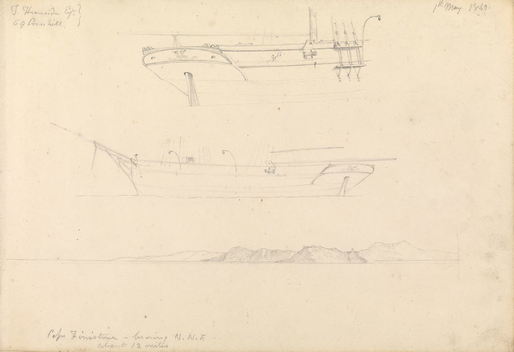1024x702 Sketches Of Profile And Stern Of A Brigantine And Topographical - Cape Sketch