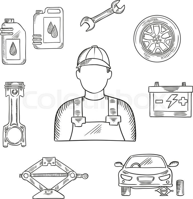 776x800 Professional Auto Mechanic Sketch Icon For Car Service Center Or - Car Battery Sketch