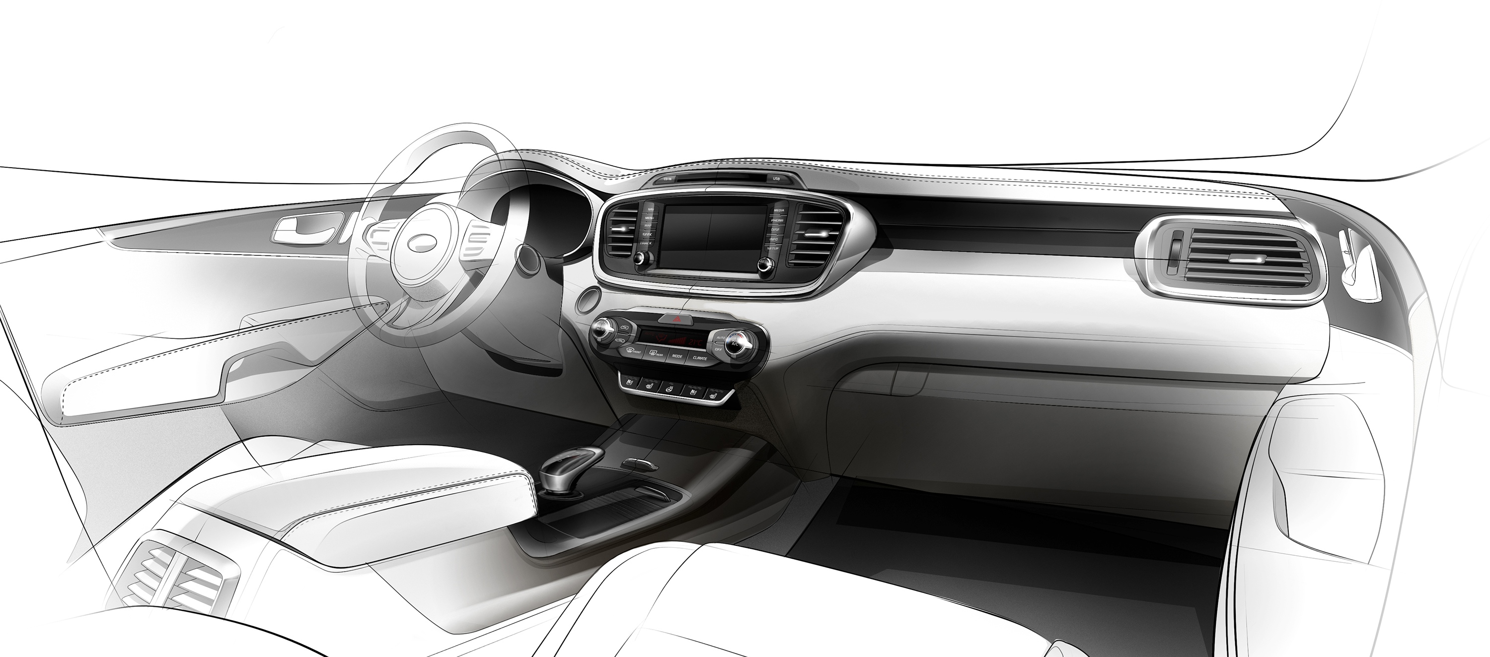 3000x1324 New Kia Sorento Interior Design Revealed In First Teaser Sketch - Car Dashboard Sketch