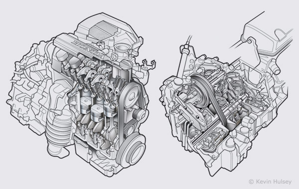 600x380 Car Line Drawings And Black And White Line Art Diagrams - Car Engine Sketch