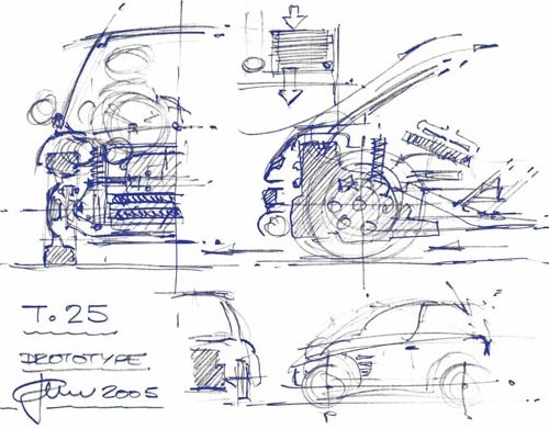 500x391 Gordon Murray Sketches His New T25 City Car Carzi - Car Parts Sketch