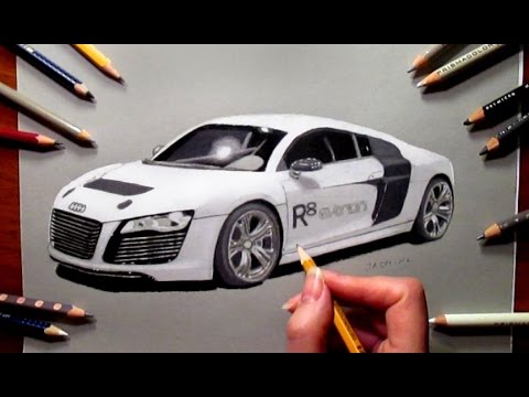 480x360 Pencil Drawing White Audi R8 E Tron Car - Car Pencil Sketch