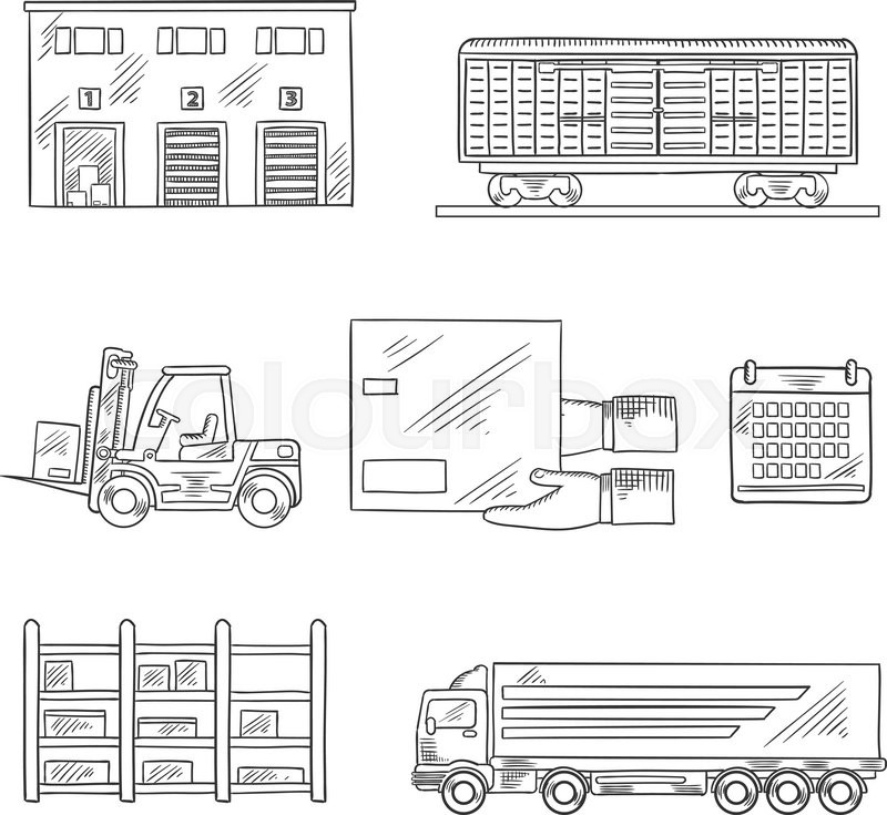 800x735 Delivery And Storage Service Icons In Sketch Style With Warehouse - Cardboard Box Sketch
