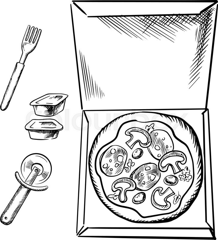 727x800 Fast Food Italian Pizza With Salami, Mushrooms And Olives In - Cardboard Box Sketch