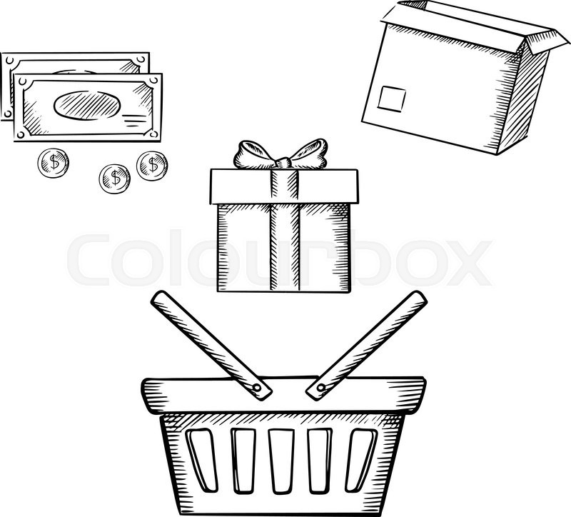 800x724 Shopping Basket, Gift Box With Ribbon Bow, Cardboard Parcel, Money - Cardboard Box Sketch