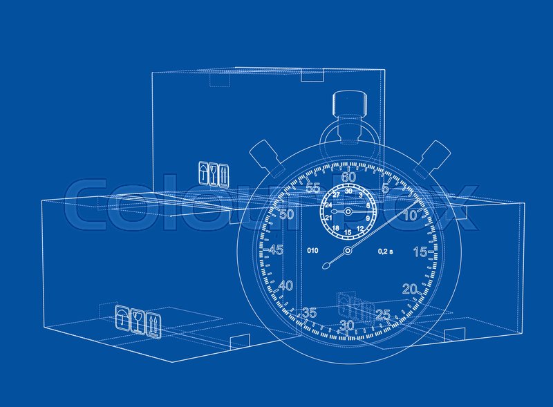 800x589 Stopwatch With Cardboard Box Sketch. Vector Rendering Of 3d. Wire - Cardboard Box Sketch