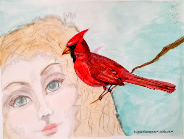 600x452 Sugarplum Patchwork Watercolor Sketch Of Cardinal - Cardinal Sketch