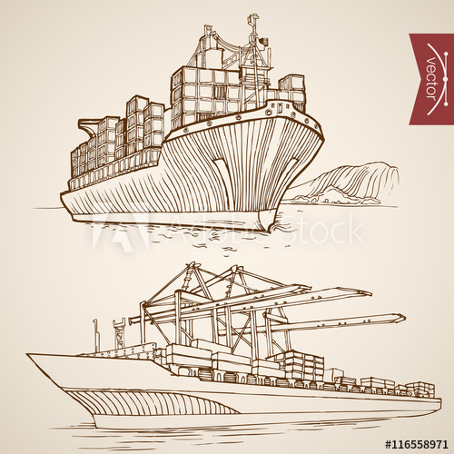 500x500 Engraving Vintage Hand Drawn Vector Ship Cargo Container Sketch - Cargo Sketch