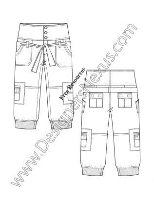 316x409 Illustrator Flat Sketch V13 High Waist Rib Cuff Cargo Capri Pants - Cargo Sketch