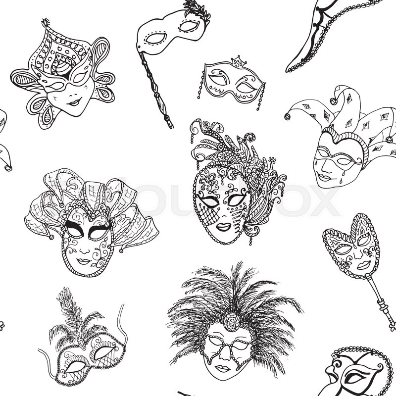 800x800 Venice Italy Carnival Masks Seamless Pattern. Hand Drawn Sketch - Carnival Sketch