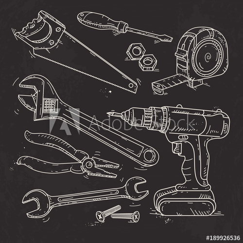500x500 Hand Sketch Icons Set Of Carpentry Tools On Black Background - Carpentry Tools Sketch