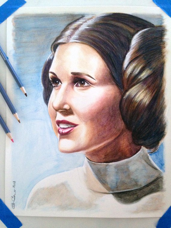 570x760 Carrie Fisher Princess Leia Original Drawing Painting Etsy - Carrie Fisher Sketch