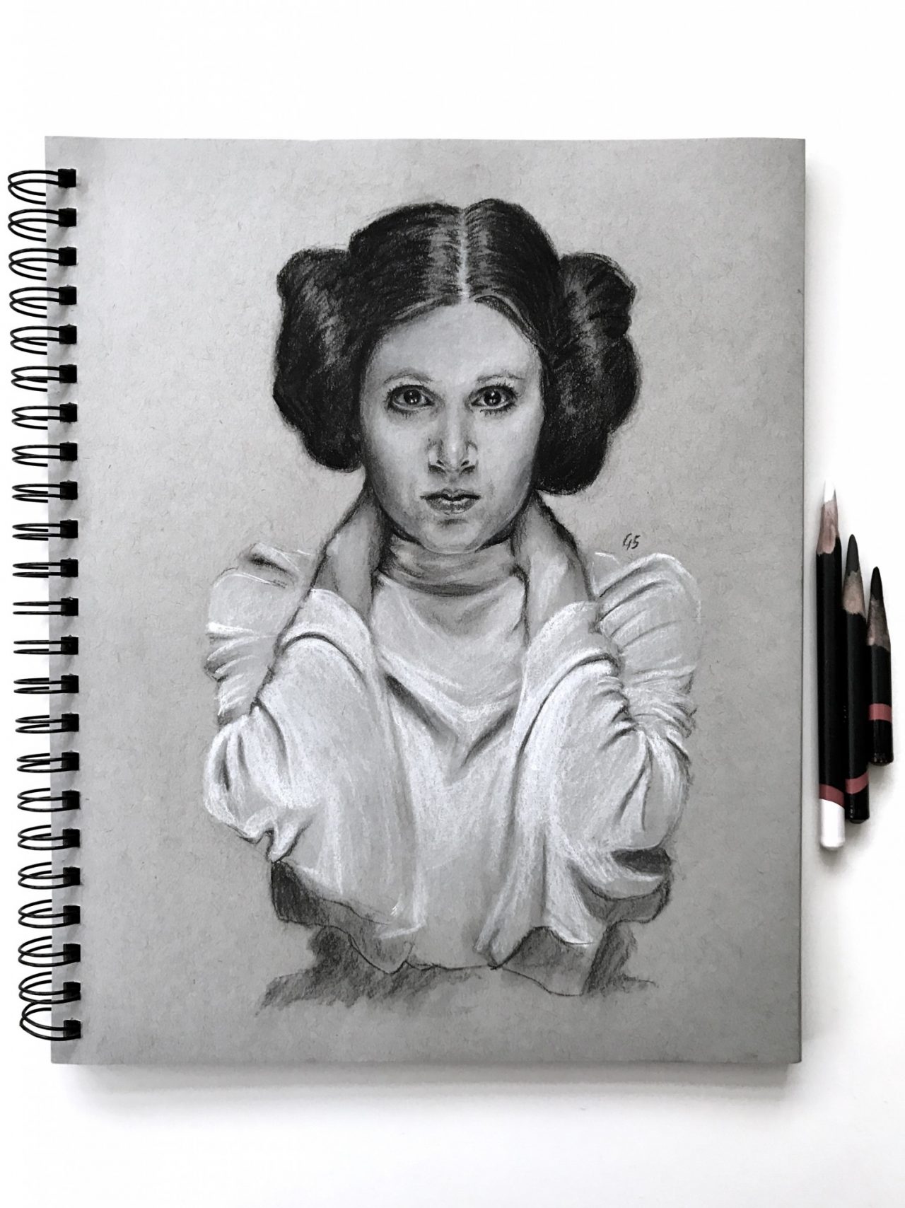 1280x1708 Carrie Fisher In Charcoal On Toned Paper - Carrie Fisher Sketch