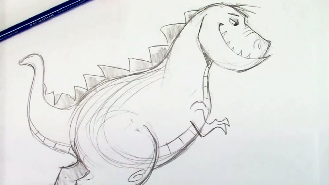 1280x720 How To Draw A Dinosaur Cartoon (Step By Step) - Cartoon Dinosaur Sketch
