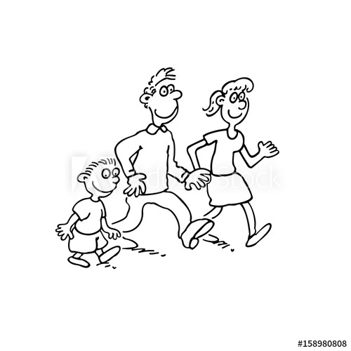 500x500 Happy Family Cartoon Walking Together. Outlined Cartoon Handrawn - Cartoon Family Sketch