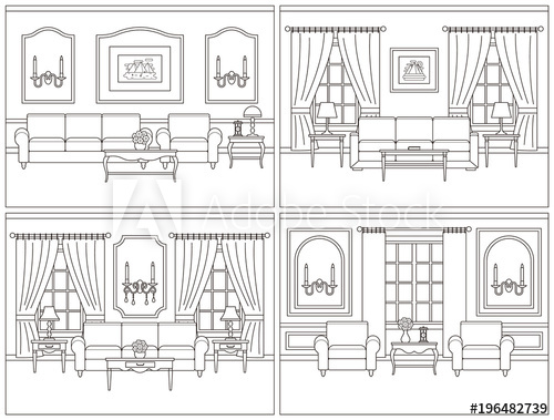 500x379 Living Room Interior. Vector Room. Set Interiors. Home Line Art - Cartoon House Sketch