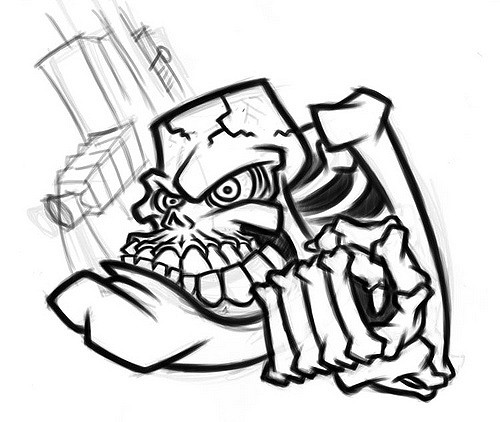 500x422 Evil Cartoon Skeleton With Gun Initial Sketch For A - Cartoon Skeleton Sketch
