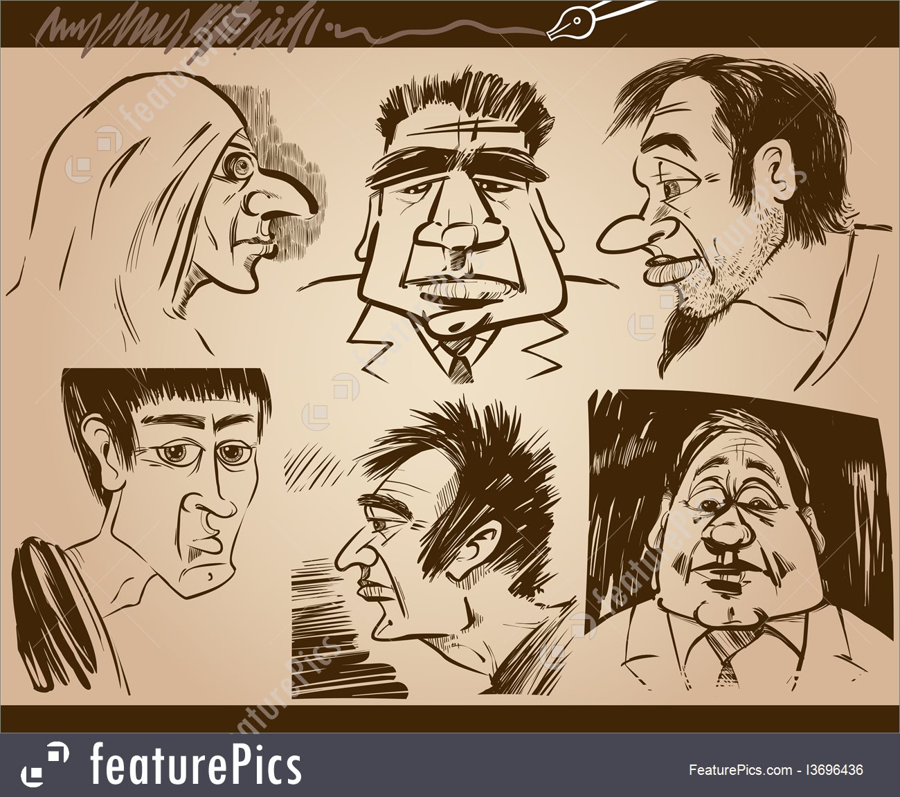 1300x1152 Fine Art People Faces Cartoon Sketch Drawings Set - Cartoon Sketch People