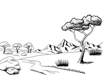 400x300 Savannah Pathway Graphic Art Black White Landscape Sketch - Cartoon Tree Sketch