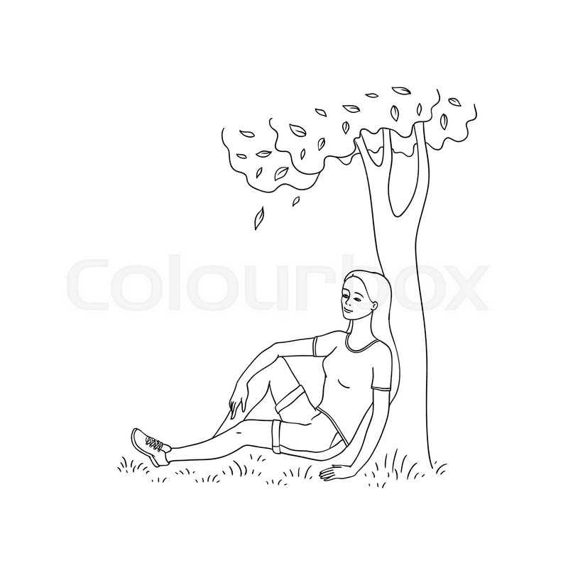 800x800 Young Slim Woman Sitting Under Green Tree On Summer Grass Smiling - Cartoon Tree Sketch