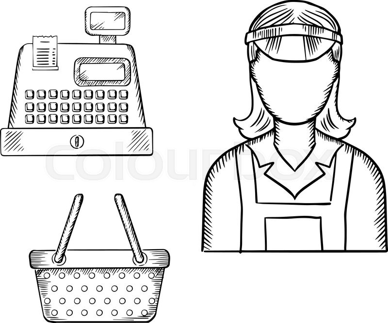 800x666 Female Store Seller In Uniform With Cash Register And Shopping - Cash Sketch
