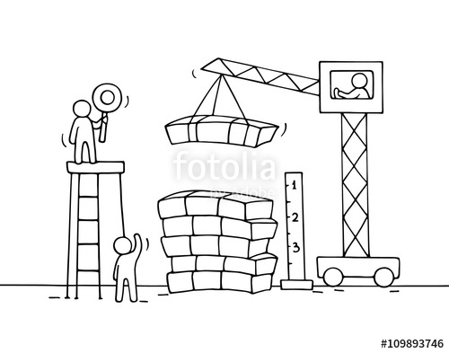 500x393 Sketch Of Stack Of Cash With Working Little People, Crane. Doodle - Cash Sketch