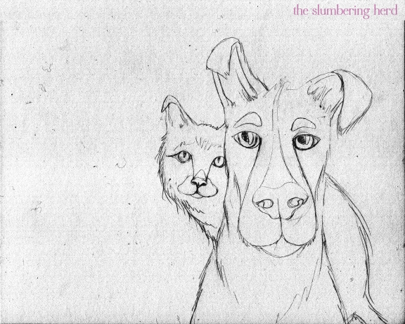 576x461 Cat Artthe Slumbering Herd Art Blog - Cat And Dog Sketch